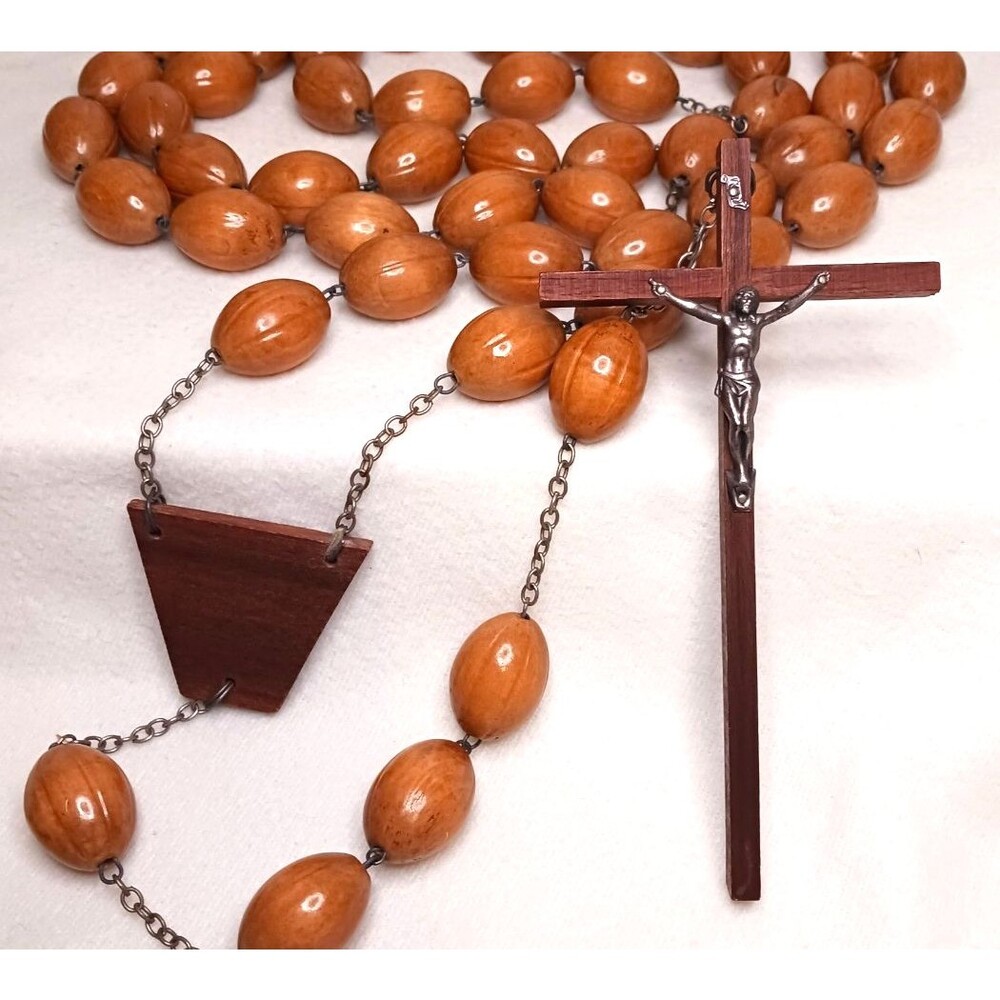 Vtg Olive Wood Religious Cross Crucifix Rosary Wall Hanging Priest Monk Beads - Picture 2 of 5